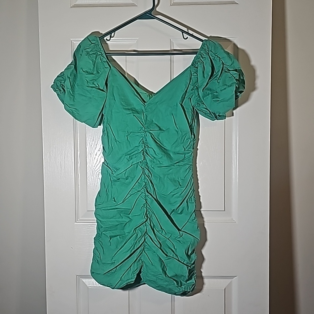 HYFVE Green Ruched Puff Sleeve 100% Cotton Bubble Mini Dress Size S